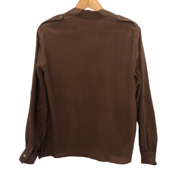 Vintage 100% Silk Button Up Safari Blouse Front Pockets Carole Little St Tropez - Picture 11 of 16